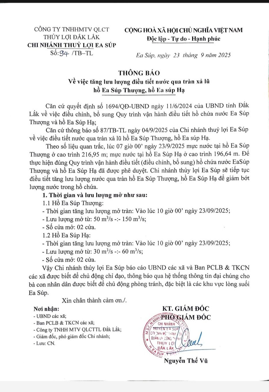 Thông báo điều tiết nước qua tràn xả lũ hồ Ea Súp Thượng và hồ Ea Súp Hạ của Chi nhánh Thủy lợi Ea Súp